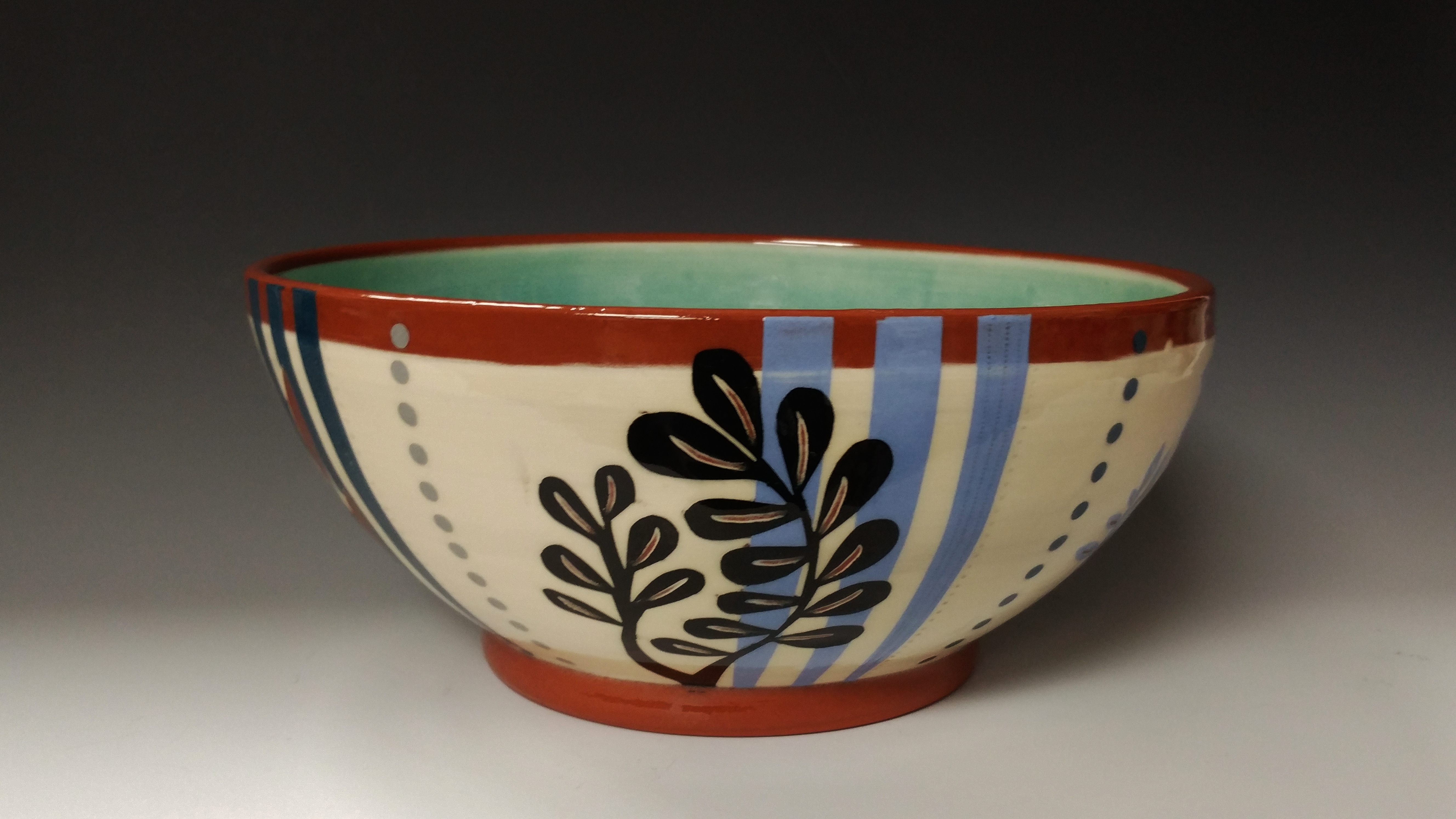 Large Serving Bowl With Black Leafy Cutout Blue Stripes and Dots