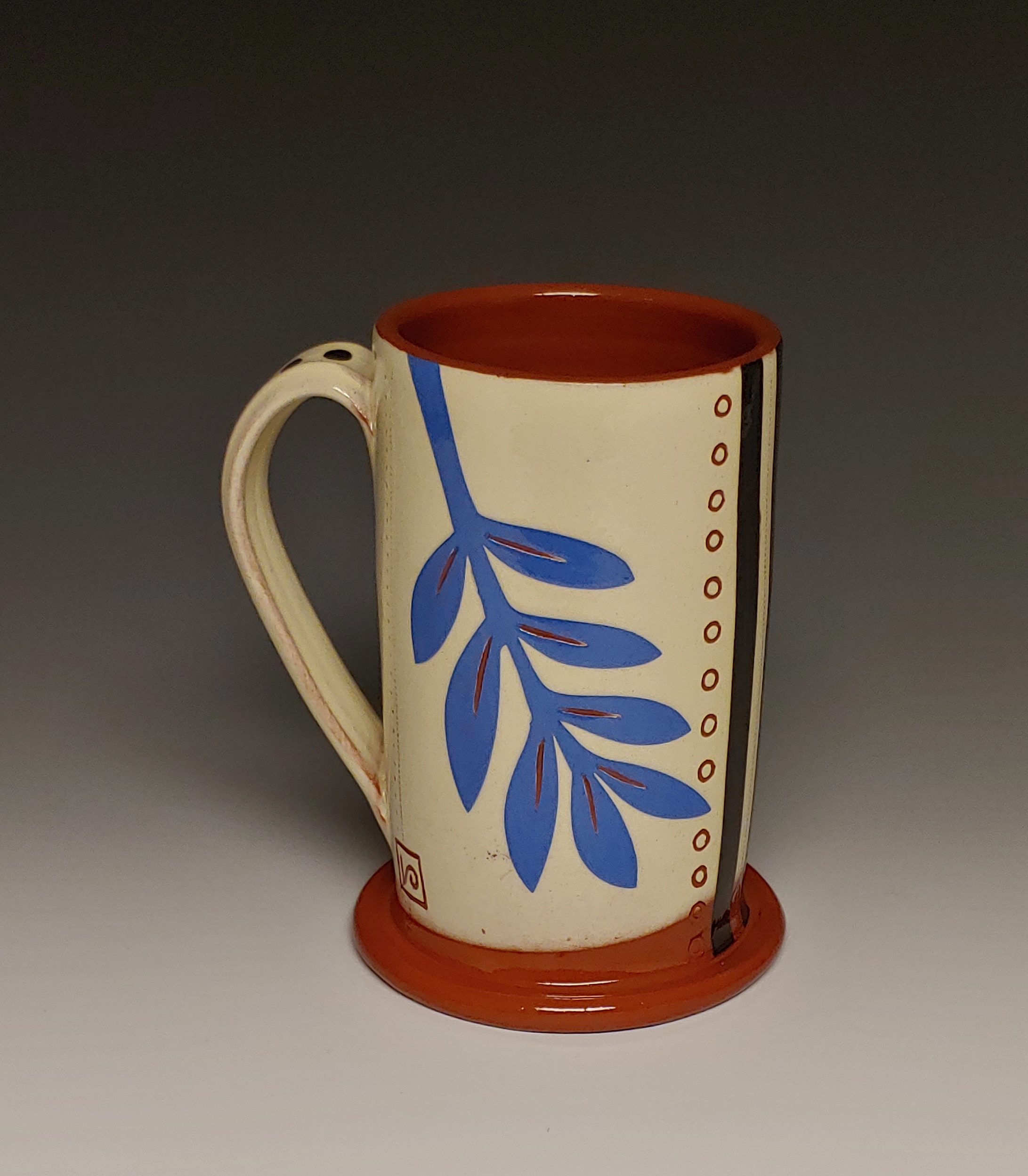 Cheerful Mug with Blue Leafy Cutout Dots and Back Stripe