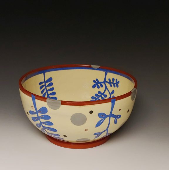 Medium Serving Bowl with Blue Leafy Cutouts and Gray Spots Throughout