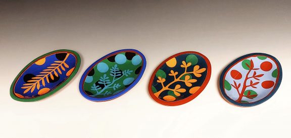Four Mini Oval Leafy Colorful Dishes