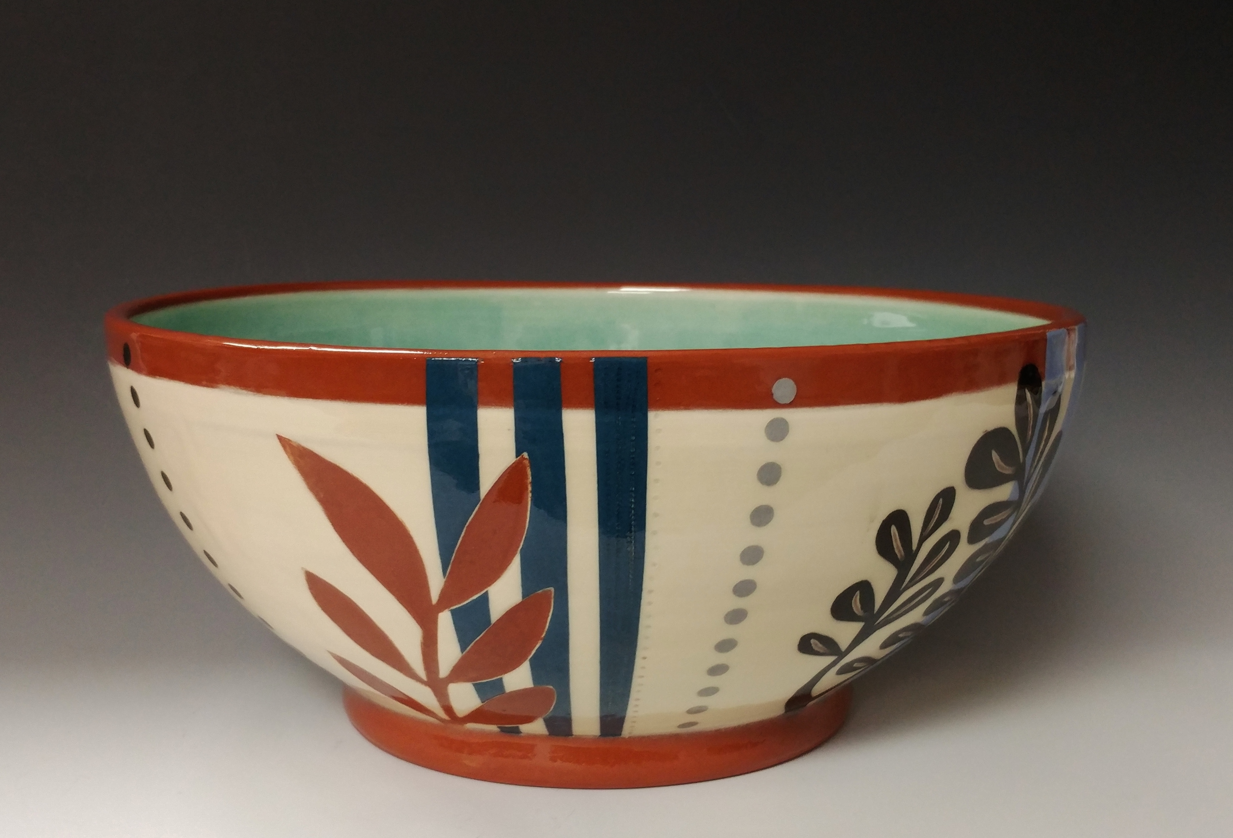 Large Serving Bowl with Leafy Cutouts Blue Stripes and Dots