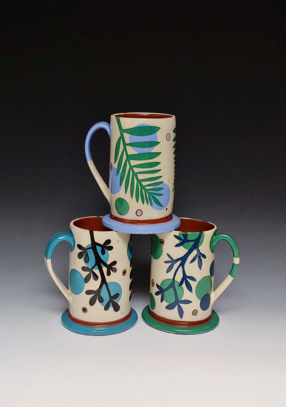 Three Turquoise Blue and Green Leafy Mugs