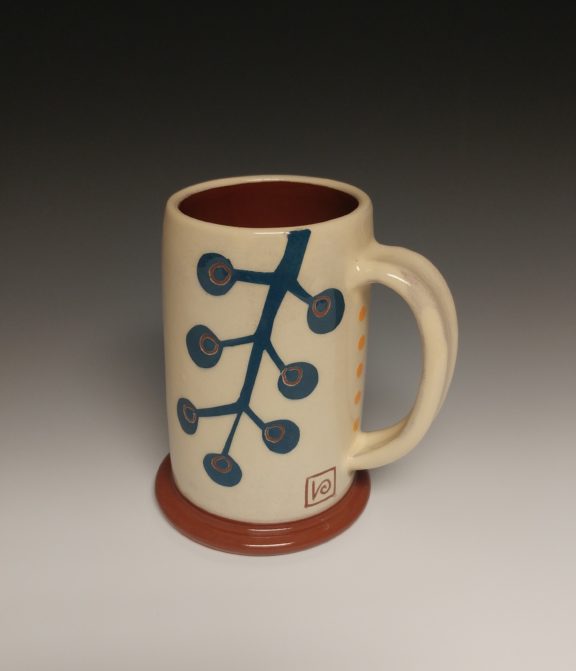 Cheerful Mug With Blue Berry Branch and Yellow Dots